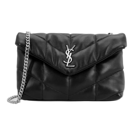 SAINT LAURENT YSL PUFFER, featuring a non-ferrous metal letter logo, magnetic clasp opening and closing design, cloud bag, pillow bag, crossbody single-shoulder bag, black for women
